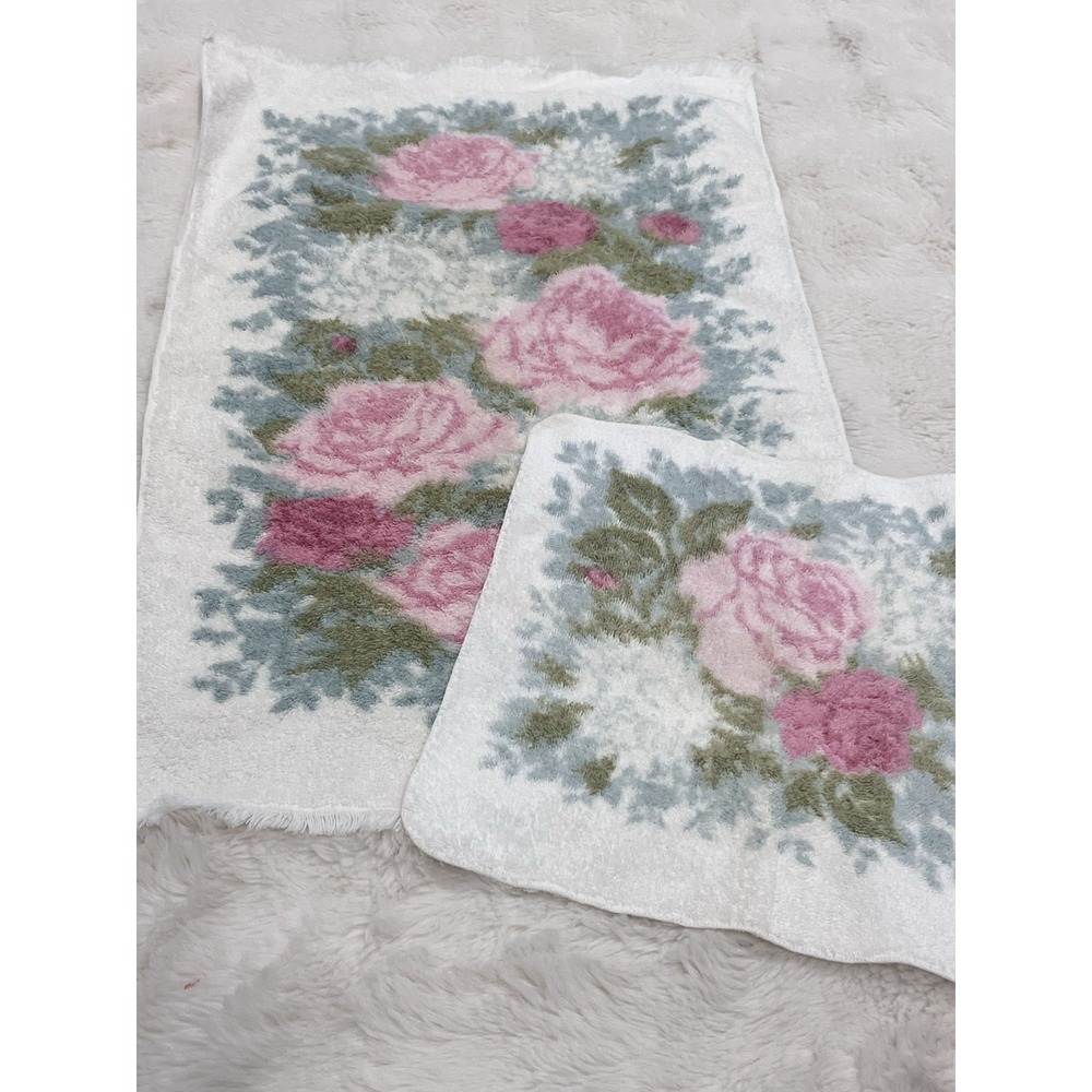 Vintage Set Of 2 Pink & Florals Hand Towels, & Wash Clothes Roses Fieldcrest?